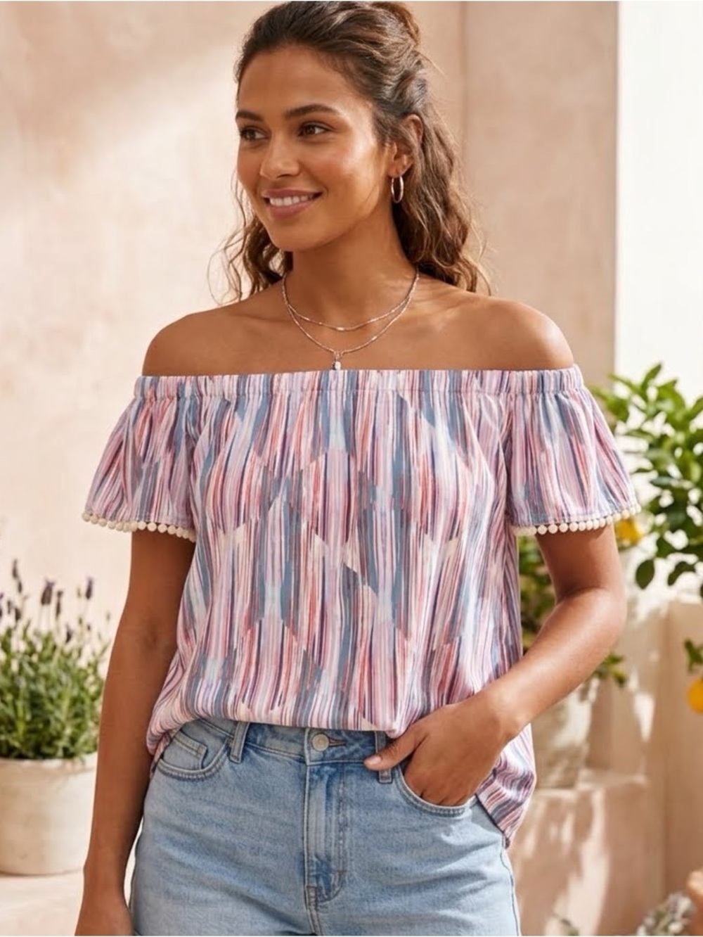 LUSH | Off the Shoulder Striped & Embroidered Pom Poms Blouse Size Large